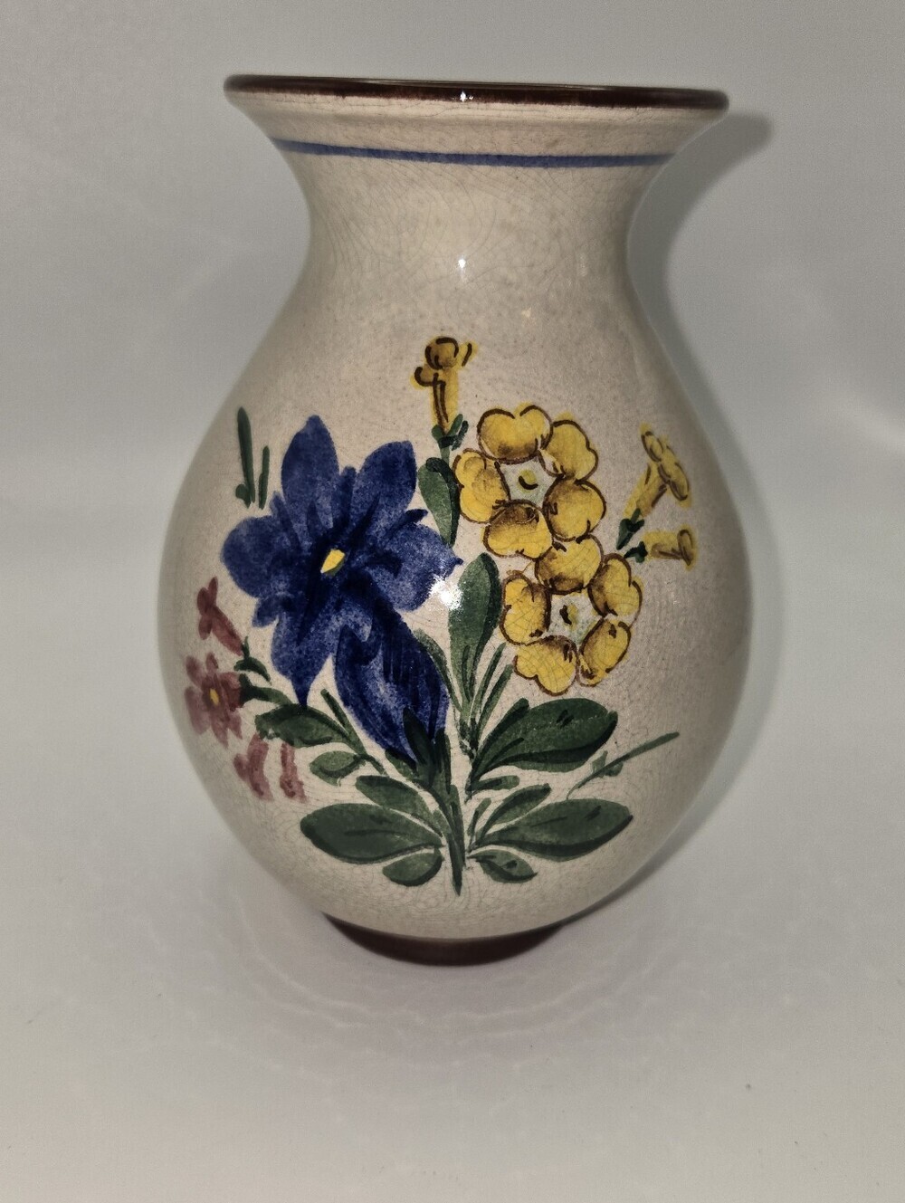 Vintage Handpainted Floral Ceramic Vase With Crackled Glaze